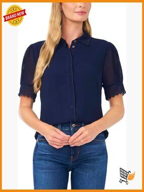 Short Sleeve Scallop Trim Button Up Top Blouse